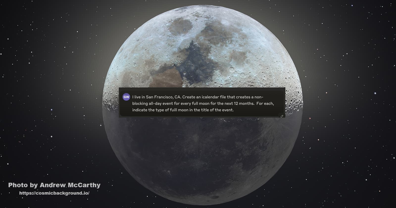 Stupid but useful AI tricks: Creating calendar entries for upcoming full moons using Claude 3.5 Sonnet